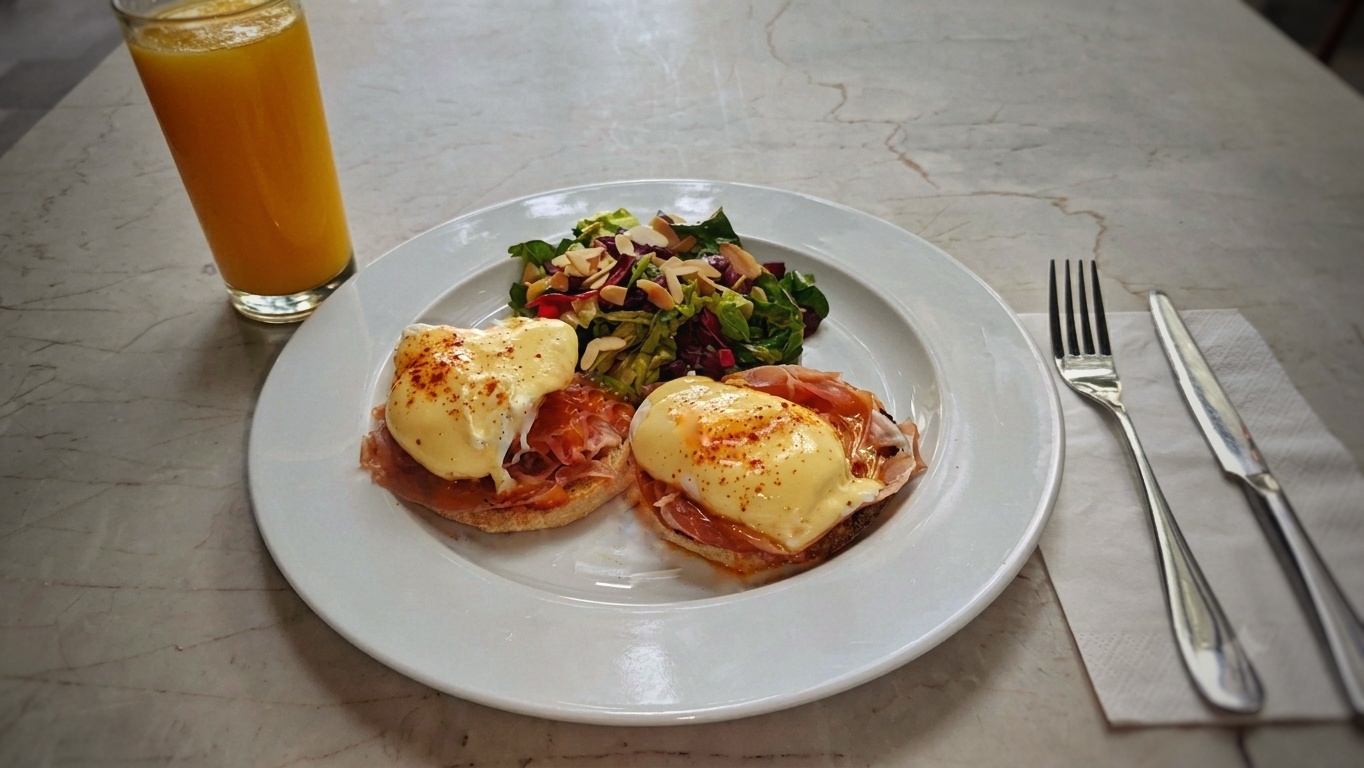 Huevos benedictinos con jamón serrano y salsa holandesa